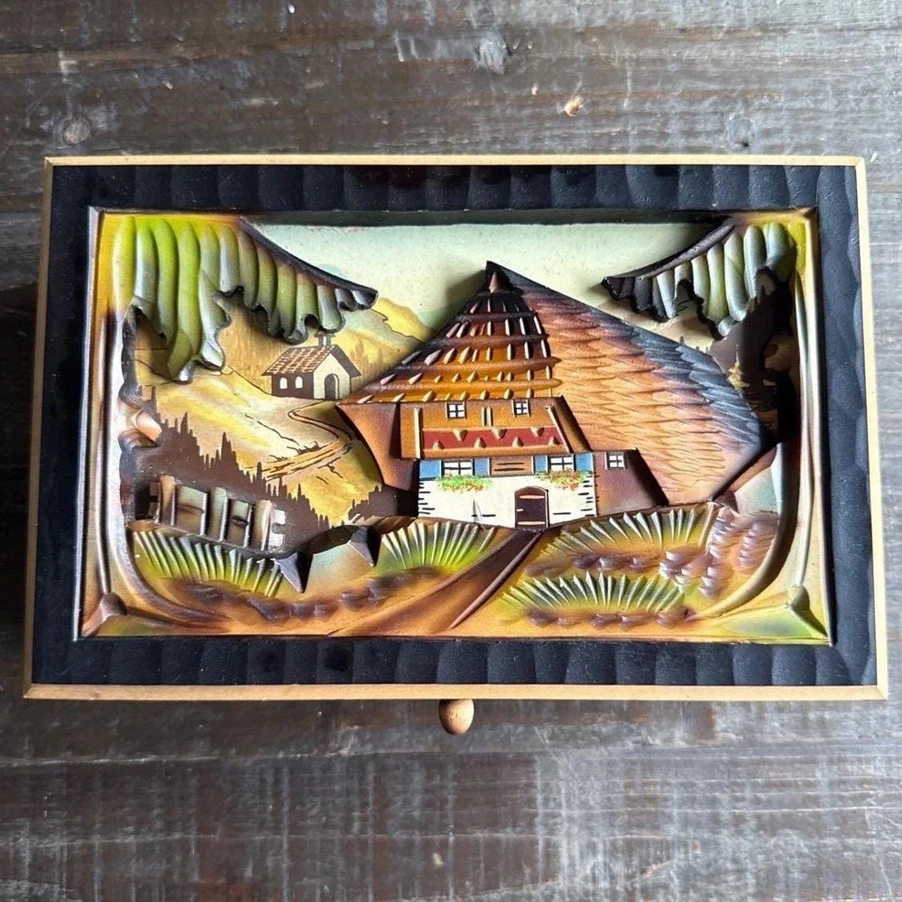 Vintage Black Forest Musical Jewelry Box Swiss‎ Chalet Wood Carving Restoration